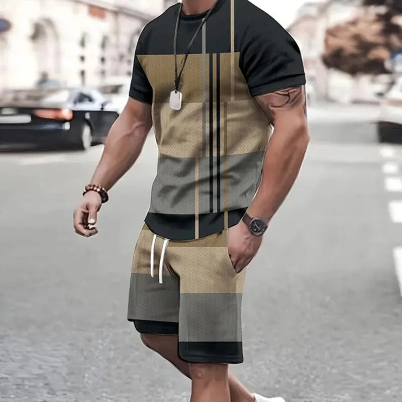 2024 Estate Outdoor Sportswear Uomo Patchwork Stampato Pantaloncini a maniche corte Moda casual Due set Sudore assorbente e confortevole