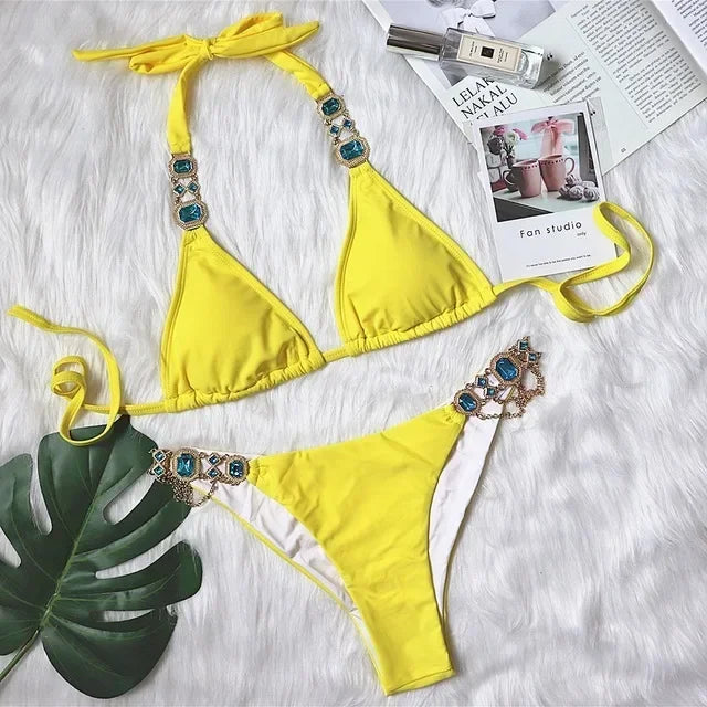 Catene di metallo con scollo all'americana Strass Diamante Bikini Costume da bagno donna Costumi da bagno femminili Due pezzi Bikini set Costume da bagno brasiliano Swim
