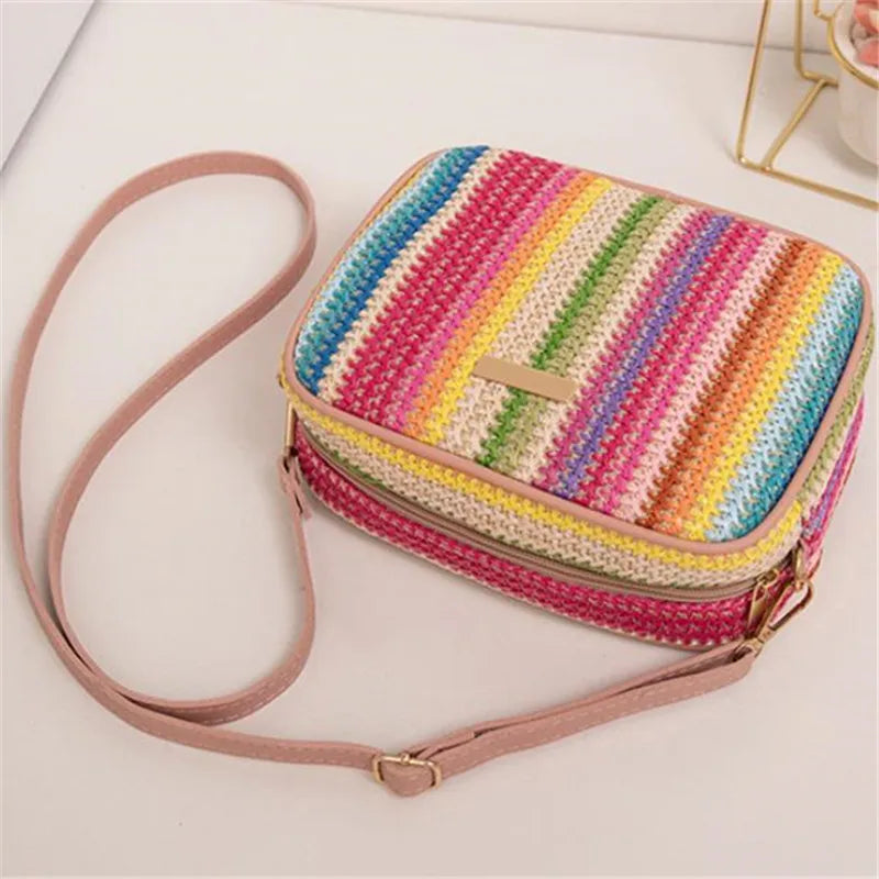 Borse da donna alla moda, tessitura alla moda e artistica, borse intrecciate in paglia multicolore, borse a tracolla in stile etnico, borse da donna
