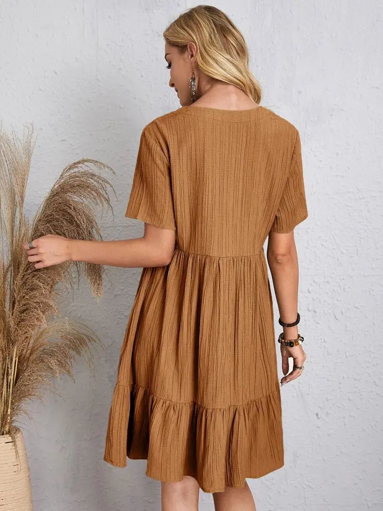 Elegante solido scollo A V A Line Dress 2024 nuova estate Ruffles allentato Mini abito Casual manica corta Beach Party Vestidos Streetwear