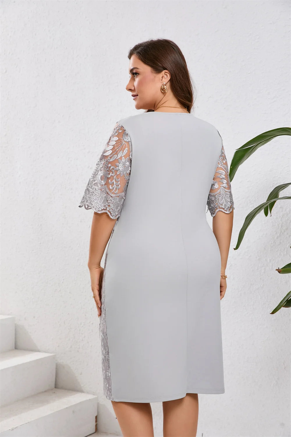 GIBSIE Plus Size Pizzo ricamato Mezza manica O-Collo Abito da donna Estate Autunno Cocktail Party Elegante aderente Abiti longuette