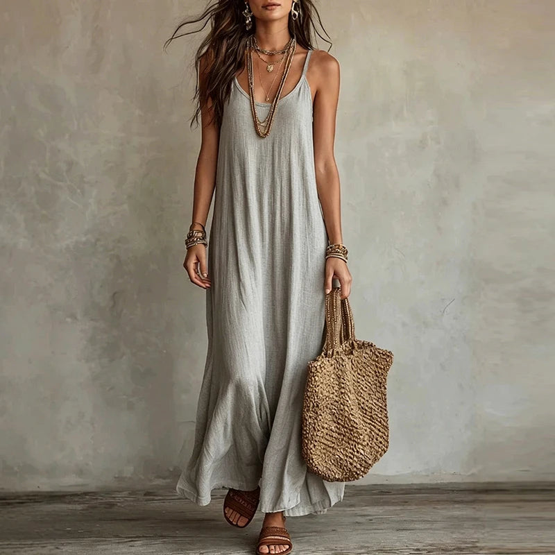 Nuovo Arrivo: Abito Lungo Senza Spalline da Donna, Vestito Casual con Collo a O Senza Maniche, Abito Ampio da Spiaggia e Vacanza, Vestito Lungo Boho