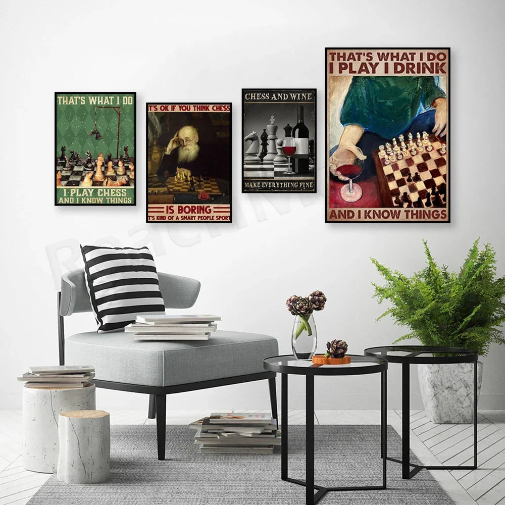 Gioca a scacchi, bere e fare amici poster. Non importa se pensi ai scacchi è noioso, è un poster sportivo popolare intelligente