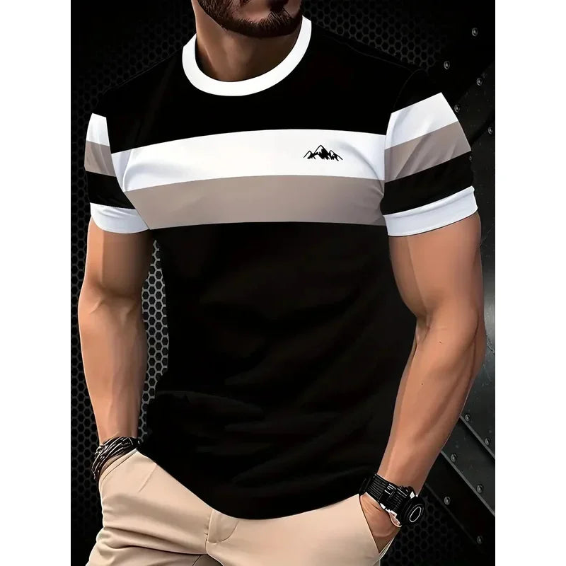 T-shirt classica estiva da uomo: top da esterno a maniche corte con scollo tondo e stampa a righe, maglietta da uomo da strada ampia con aggiunta