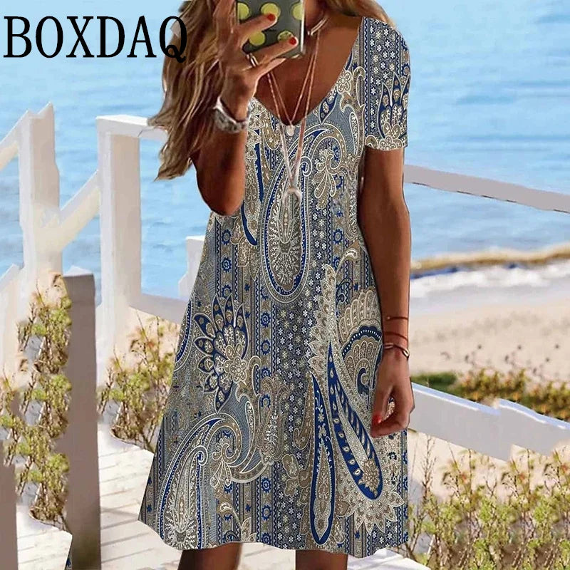 Abito Vintage con stampa etnica per donna 2024 scollo a v manica corta abiti larghi taglie forti abito floreale Casual moda prendisole