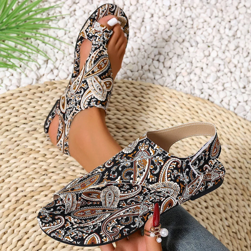 2025 Sandali piatti da donna Sandali bassi comodi stampati Scarpe stile romano della Boemia per le donne Scarpe moda Sandalias De Mujer