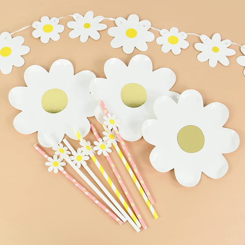 Daisy Flower Piatti da tavola usa e getta Cannucce Tovaglioli Banner Matrimonio Baby Shower Decorazione Forniture per feste di compleanno