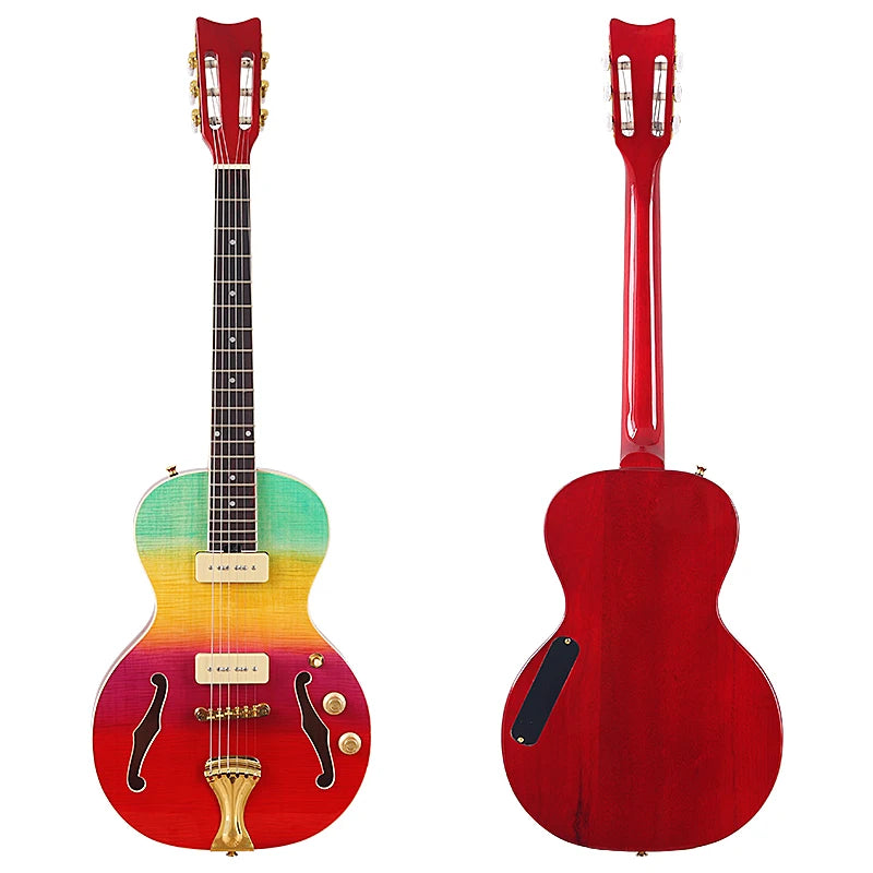 Chitarra elettrica classica a 6 corde con testa in acero fiammato da 39 pollici, design con foro a F, chitarra lucida