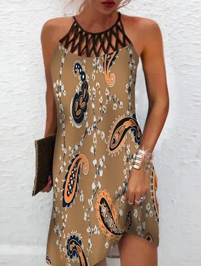 Abito Boho sexy per donna Mini abito da spiaggia Abito alla moda Donna Estate senza maniche Hollow Elegante abito da festa Stampa Vestido 2023
