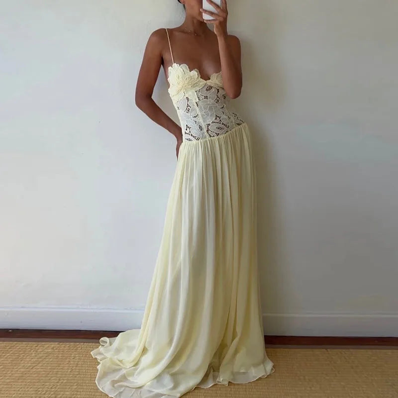 Abito Lungo Estivo Casual in Chiffon con Bretelle, Scollo a V Profondo, Senza Maniche, con Inserti in Pizzo, per Spiaggia e Feste, Primavera Estate