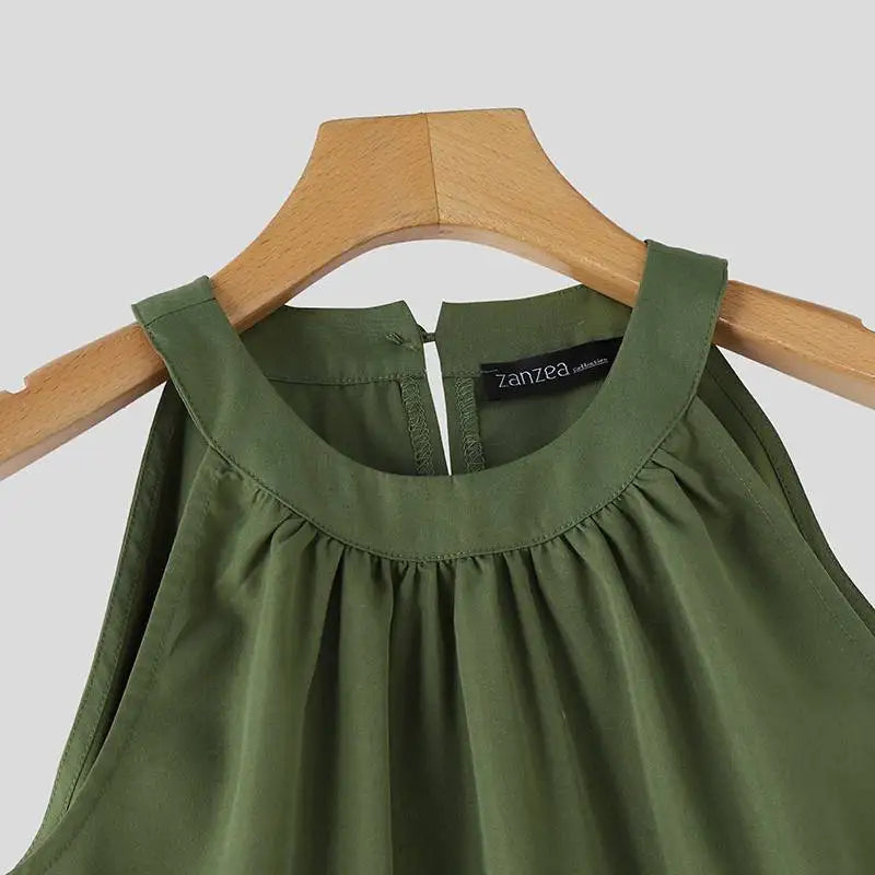 ZANZEA Abito estivo senza maniche a strati con scollo all'americana Donna Coreano con volant Patchwork Abito da spiaggia O-Collo Vestito estivo allentato Sweety Party Vestido