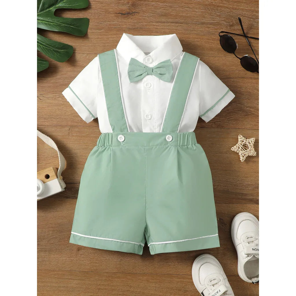 0-3 anni bambino ragazzi formale 2 pezzi set di abbigliamento camicia a maniche corte con papillon con complessivo per bambino ragazzo matrimonio e festa di compleanno vestito