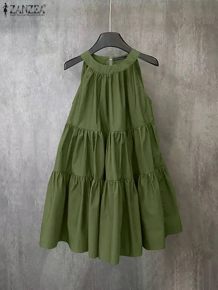 ZANZEA Abito estivo senza maniche a strati con scollo all'americana Donna Coreano con volant Patchwork Abito da spiaggia O-Collo Vestito estivo allentato Sweety Party Vestido