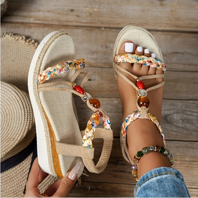 Sandali con Zeppa Bohemien da Donna 2025 Nuovi Sandali con Plateau Colorati con Cinturino Intrecciato e Perline Scarpe Estive Casual con Punta Aperta da Spiaggia