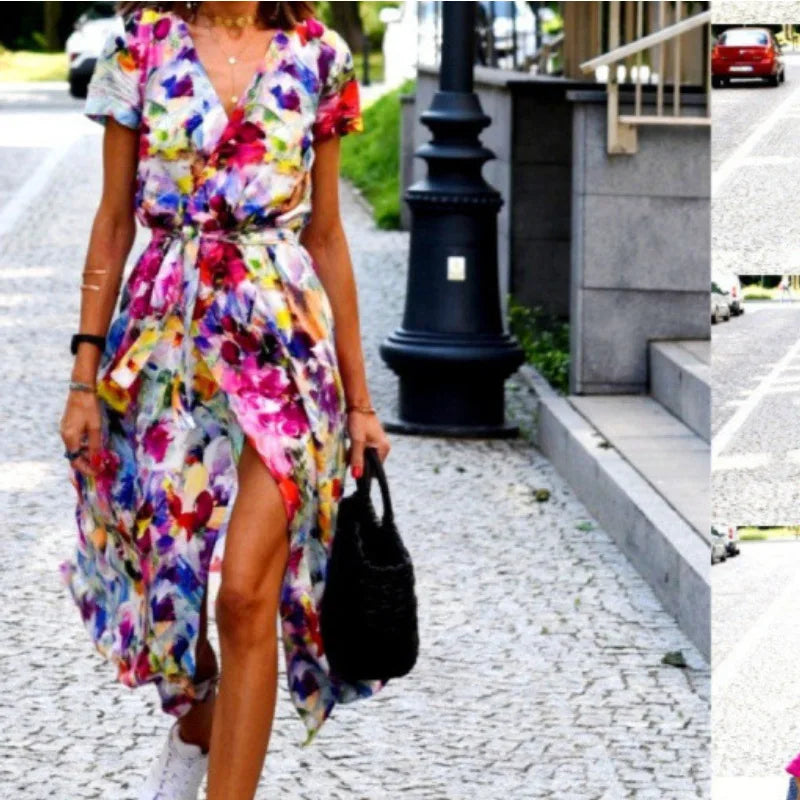 Abito Midi Stampato alla Moda con Spacco, Scollo a V, Maniche Corte, Vita Alta, Gonna a Trapezio, Stile Street, in Poliestere e Spandex, da Donna