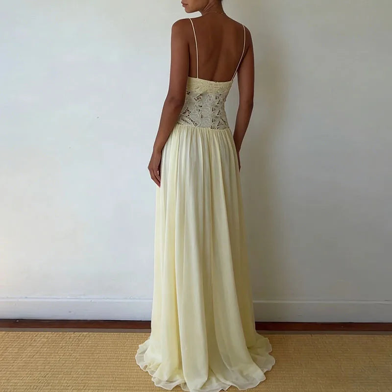 Abito Lungo Estivo Casual in Chiffon con Bretelle, Scollo a V Profondo, Senza Maniche, con Inserti in Pizzo, per Spiaggia e Feste, Primavera Estate
