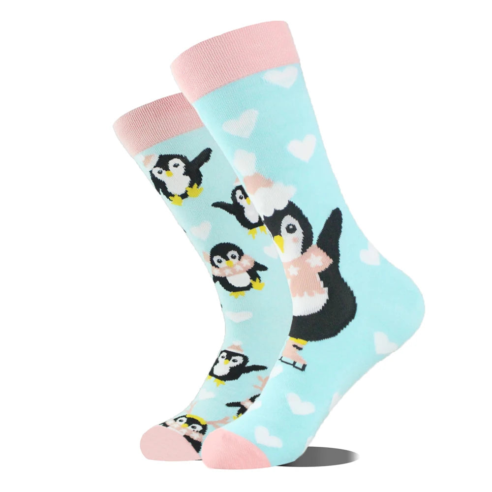 1 Pair Combed Cotton Socks Men Novelty AB Asymmetry Funny Skateboard Men's Mid Length Animal Print Socks Harajuku Happy Socks