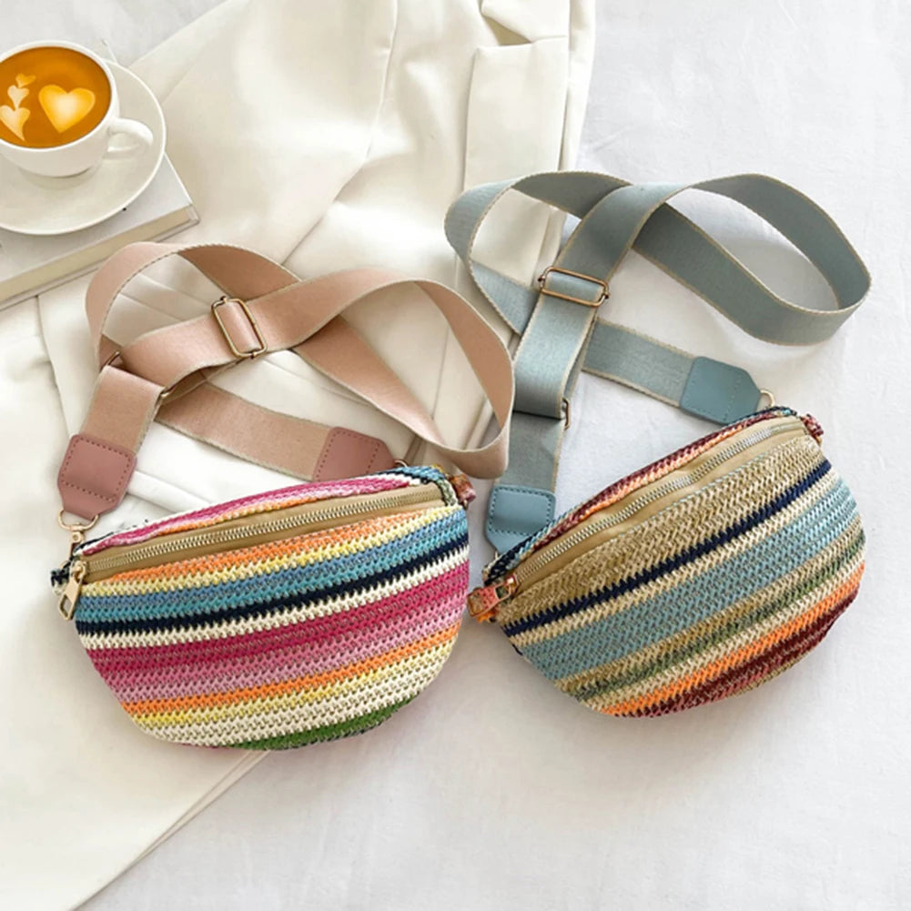 Marsupio a righe arcobaleno, marsupio da donna alla moda, borsa a tracolla intrecciata, casual, con tracolla regolabile, semplice, portatile, colorato, per weekend e vacanze