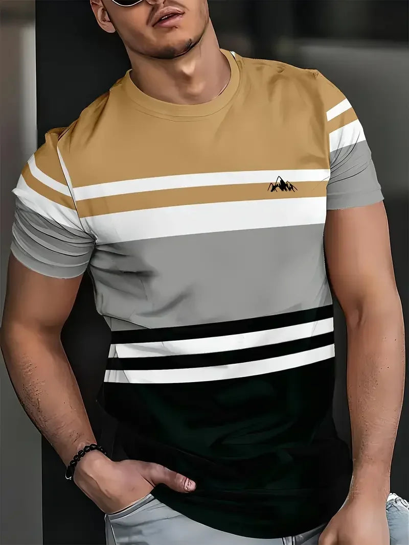 T-shirt classica estiva da uomo: top da esterno a maniche corte con scollo tondo e stampa a righe, maglietta da uomo da strada ampia con aggiunta