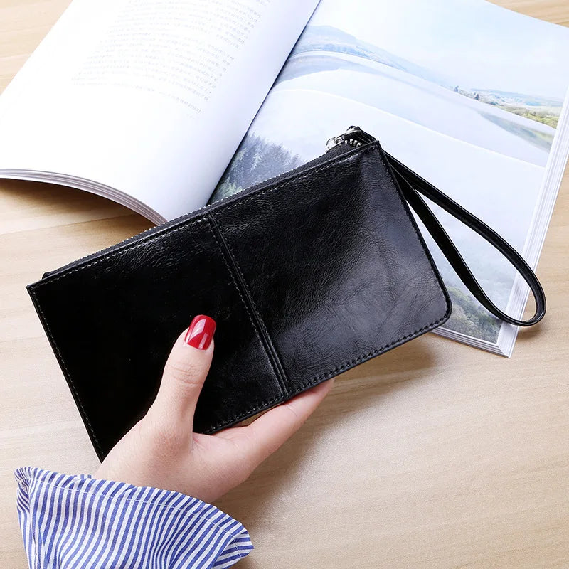 Borsa da donna vintage in pelle cerata a olio con cerniera, borsa da banca, portafoglio zero di grande capacità, cinturino da polso, porta carte con nome semplice