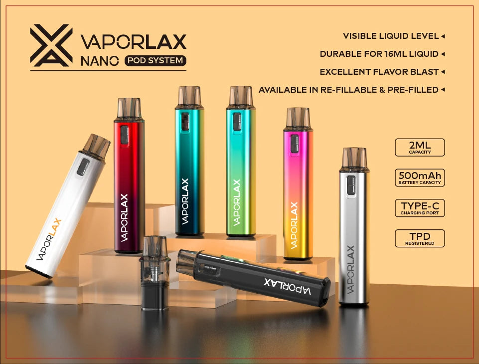 VaporLax Nano Kit sistema pod ricaricabile Sigaretta elettronica Batteria da 500 mAh 2.0 ml 0,8ohm Cartuccia a spirale a rete Atomizzatore Penna Vape