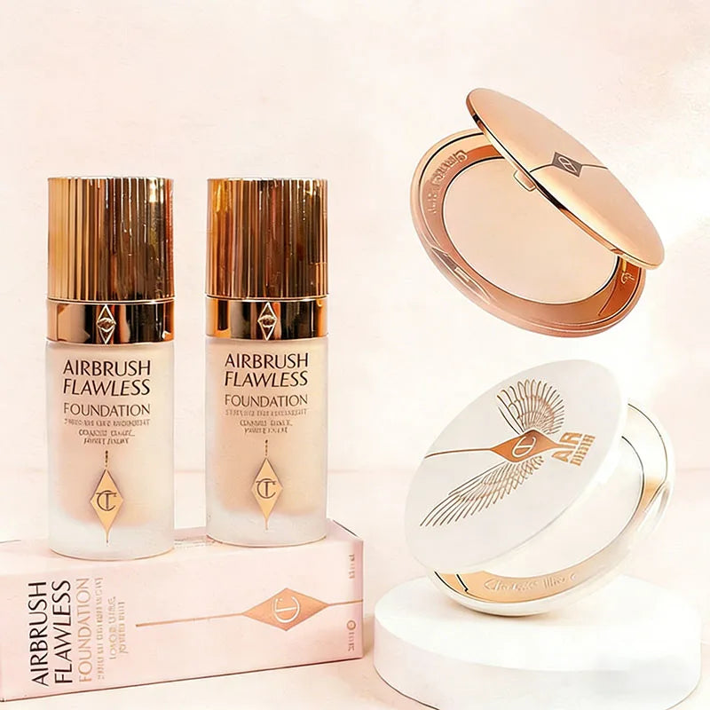 CT Fondotinta Liquido Portatile Controllo Olio Effetto Luminoso, Cipria Compatta Micro-Light, Rossetto Air Cushion, Set Trucco