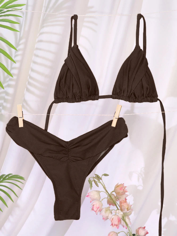 Costume da bagno bikini con pieghe sexy Micro bikini solido Costume da bagno donna Triangolo femminile Costume da bagno da spiaggia