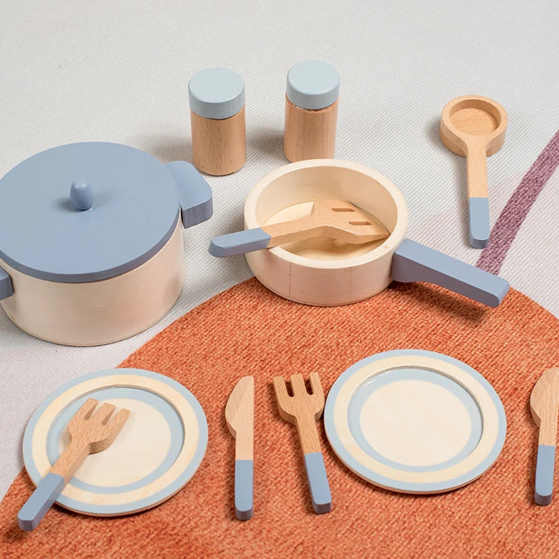 Giocattoli da cucina di simulazione per bambini in legno, giocattoli educativi per la prima educazione, vasi e padelle di simulazione, cibo, chef di giochi di ruolo