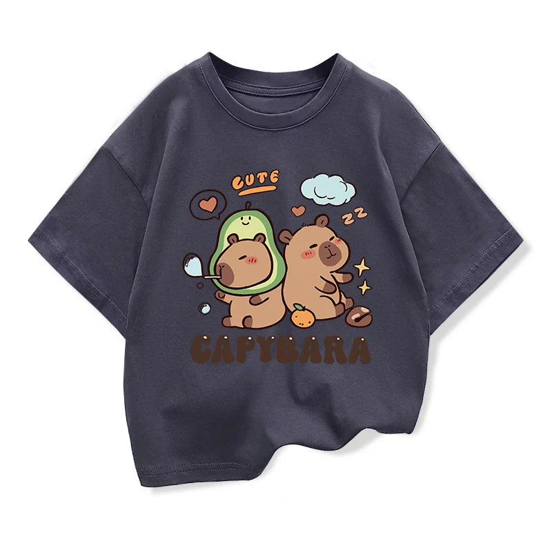 2025 Nuovi bambini Camicie Capibara Stampato Cartoon T Shirt per le ragazze Estate Stampa animale Ragazzo T Shirt Top Tees Abbigliamento per bambini