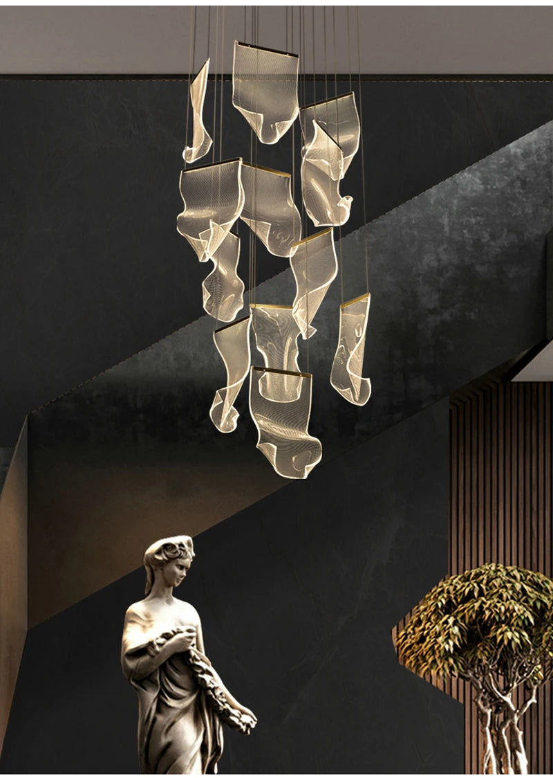 Modern Light Luxury Light Guide LED Long Strip Chandelier Living Room Dining Room Whole House Complete Set Lighting Duplex Rotat