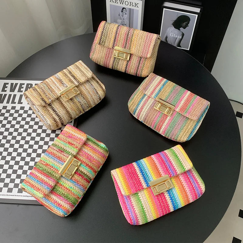 Borsa a mano con pochette in paglia a righe multicolori per donna Borsa a tracolla a tracolla con tracolla da spiaggia estiva in tessuto casual in pelle PU