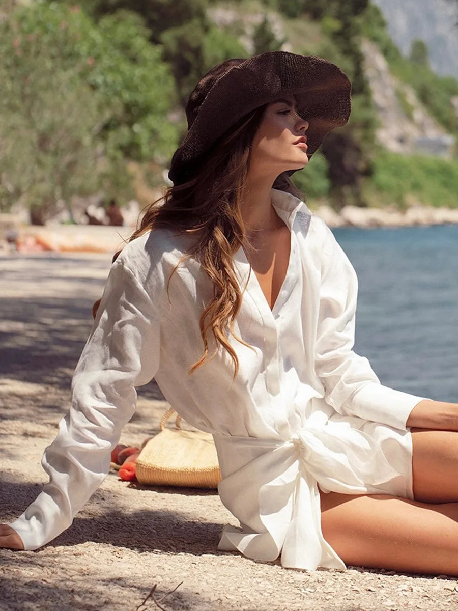 Abito chemisier casual da donna tinta unita con lacci, estivo, con risvolto, maniche lunghe, bottoni, mini abito plissettato, copricostume da spiaggia, outfit per vacanze 2026