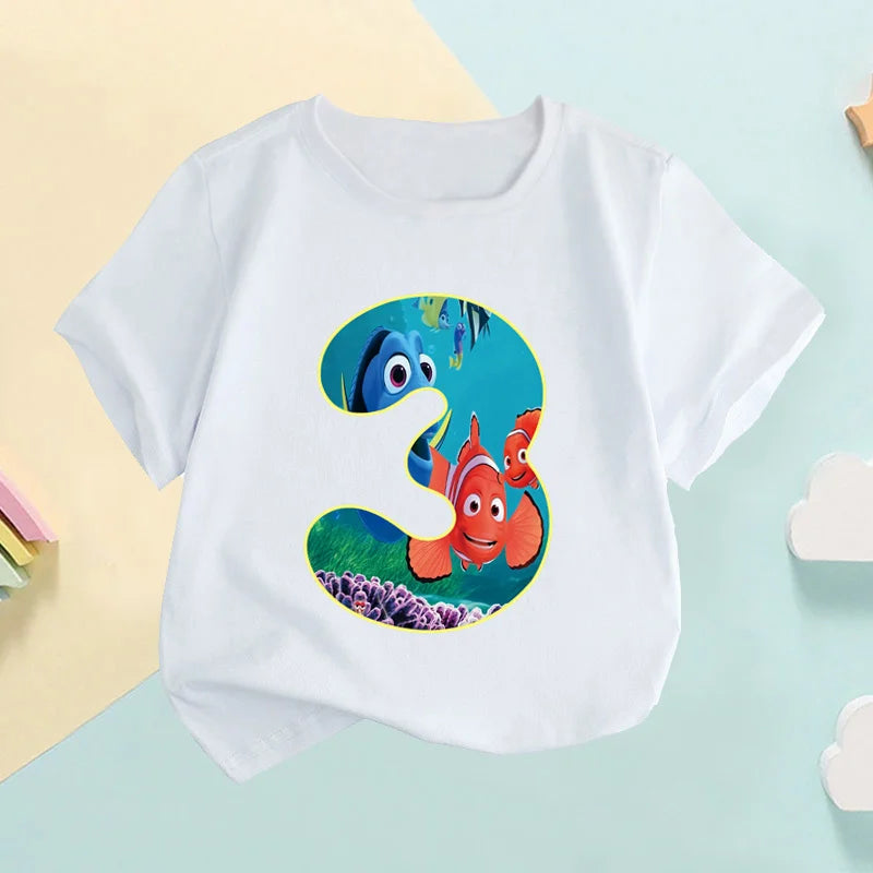 Maglietta per bambini con stampa numerica di Nemo e Dory, simpatici pesciolini, abbigliamento per bambine 1 2 3 4 5 6 7 8 9 anni, magliette per compleanno neonati e bambini, HKP2759