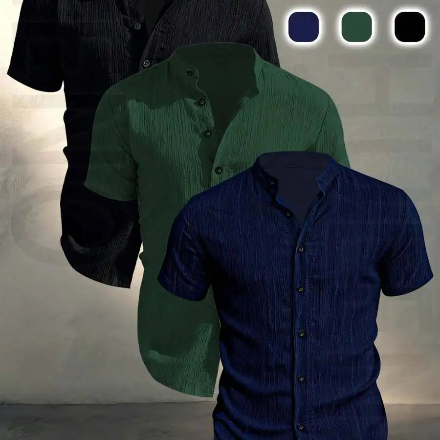 3 pezzi di camicie casual da uomo a maniche corte con colletto rialzato, estive, leggere, traspiranti, tinta unita, con bottoni