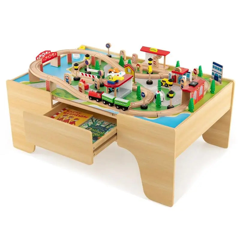 Set Trenino in Legno da 84 Pezzi con Tavolo Reversibile e Rimovibile