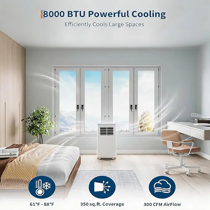 Condizionatore d'aria portatile da 8.000 BTU, raffredda ambienti fino a 350 piedi quadrati, unità AC 3 in 1 con deumidificatore e modalità ventola, modalità sleep con bassa rumorosità, include kit per finestra facile da i