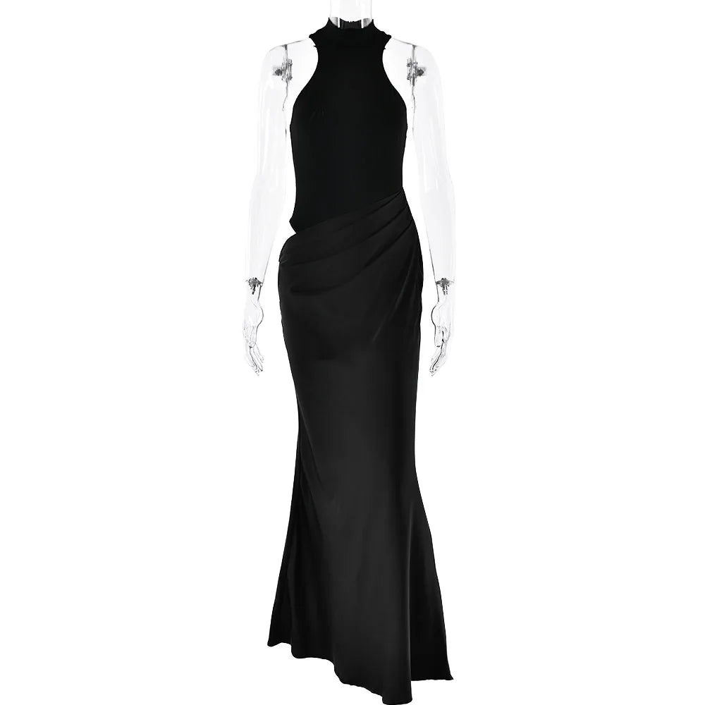 JULISSA MO Abito lungo da donna sexy scollato in raso Abito lungo nero senza maniche a vita alta Donna Autunno Skinny Elegante Party Clubwear