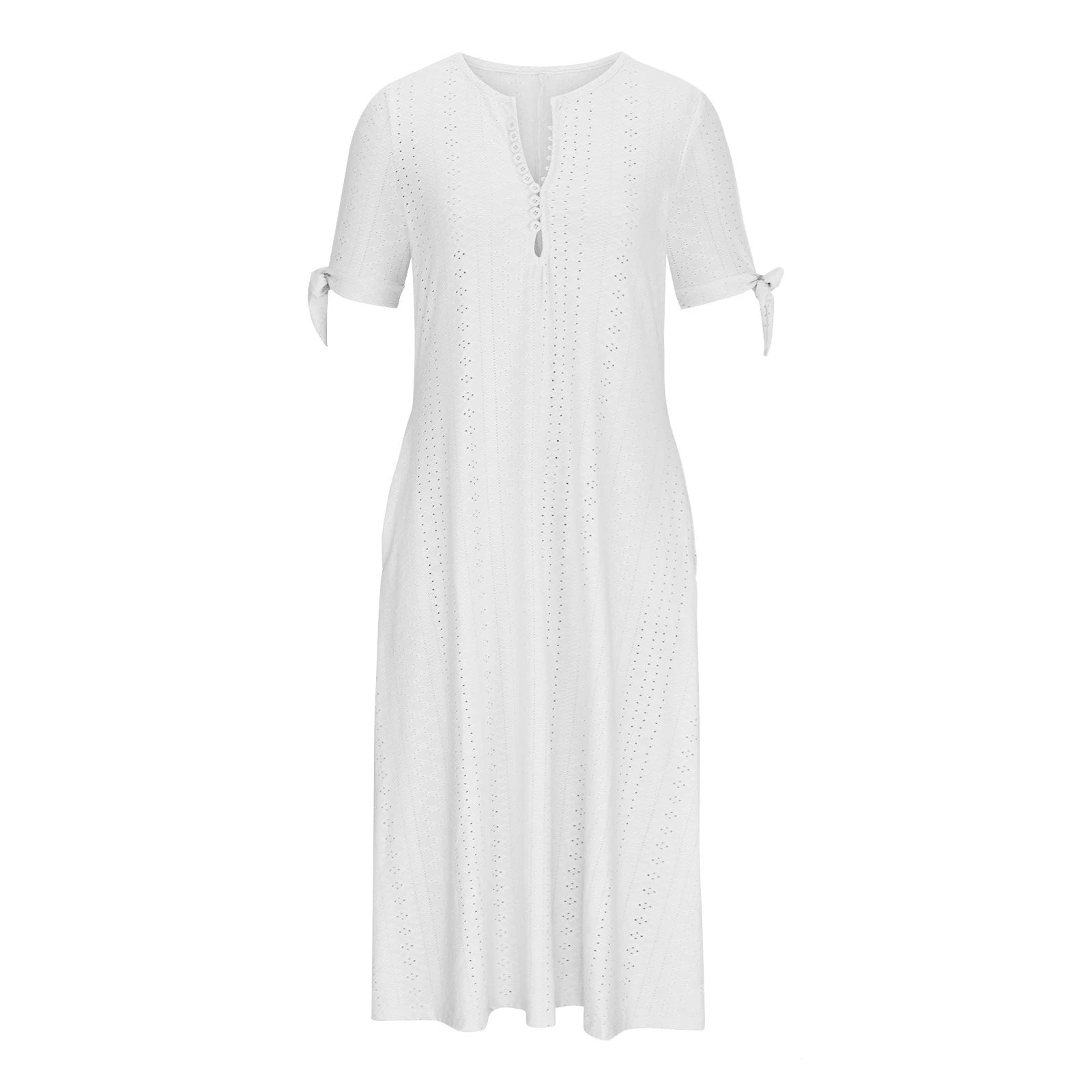 Abito Midi Estivo da Donna Boho con Occhielli e Spalle Scoperte, Maniche Corte, Scollo a V, Bottoni, Vestibilità Ampia, Stile Casual a Trapezio con Tasche