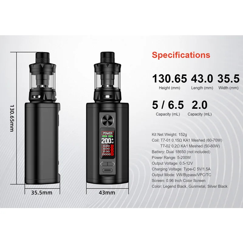 Kit originale Hellvape Hell200 Uscita 5-200 W Display LCD filettato 510 Serbatoio da 5 ml 7 modalità di uscita tramite batteria 18650 Sigaretta elettronica