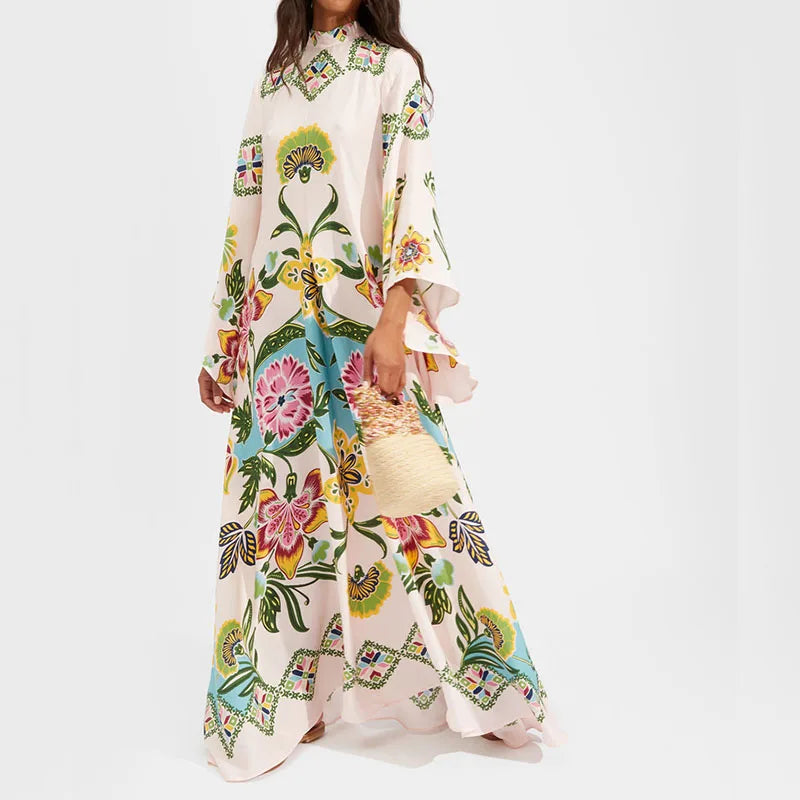 Elegante Abito Lungo a Maniche Lunghe per Feste, Vestito Vintage con Stampa Floreale, Abito Bohémien da Donna con Collo Alto e Vita Alta