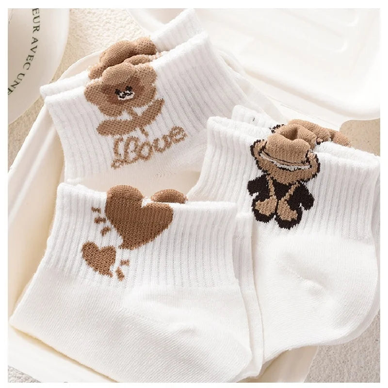 5 paia di calzini da donna con motivo orsetto di peluche, versatili, alla moda, creativi, traspiranti, comodi, casual