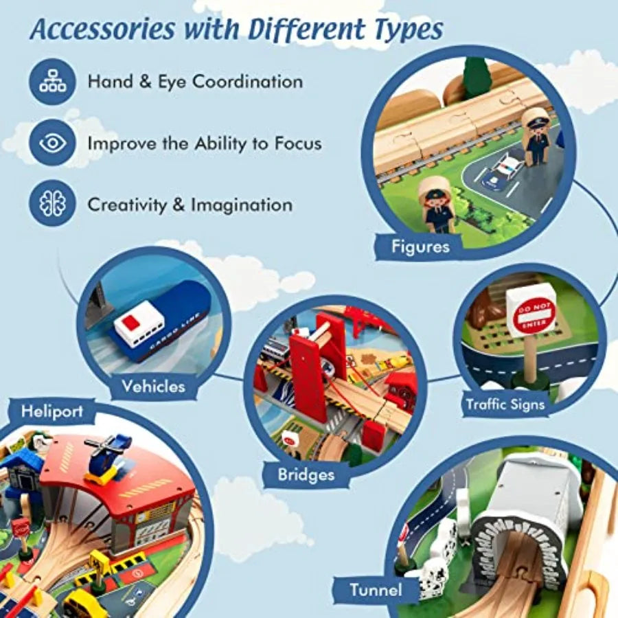 Tavolo da Gioco per Bambini 3-5 Anni: Tavolo Attività in Legno con Cassetto Portaoggetti, Binari, Treni, Auto, Piano Reversibile in Legno Naturale