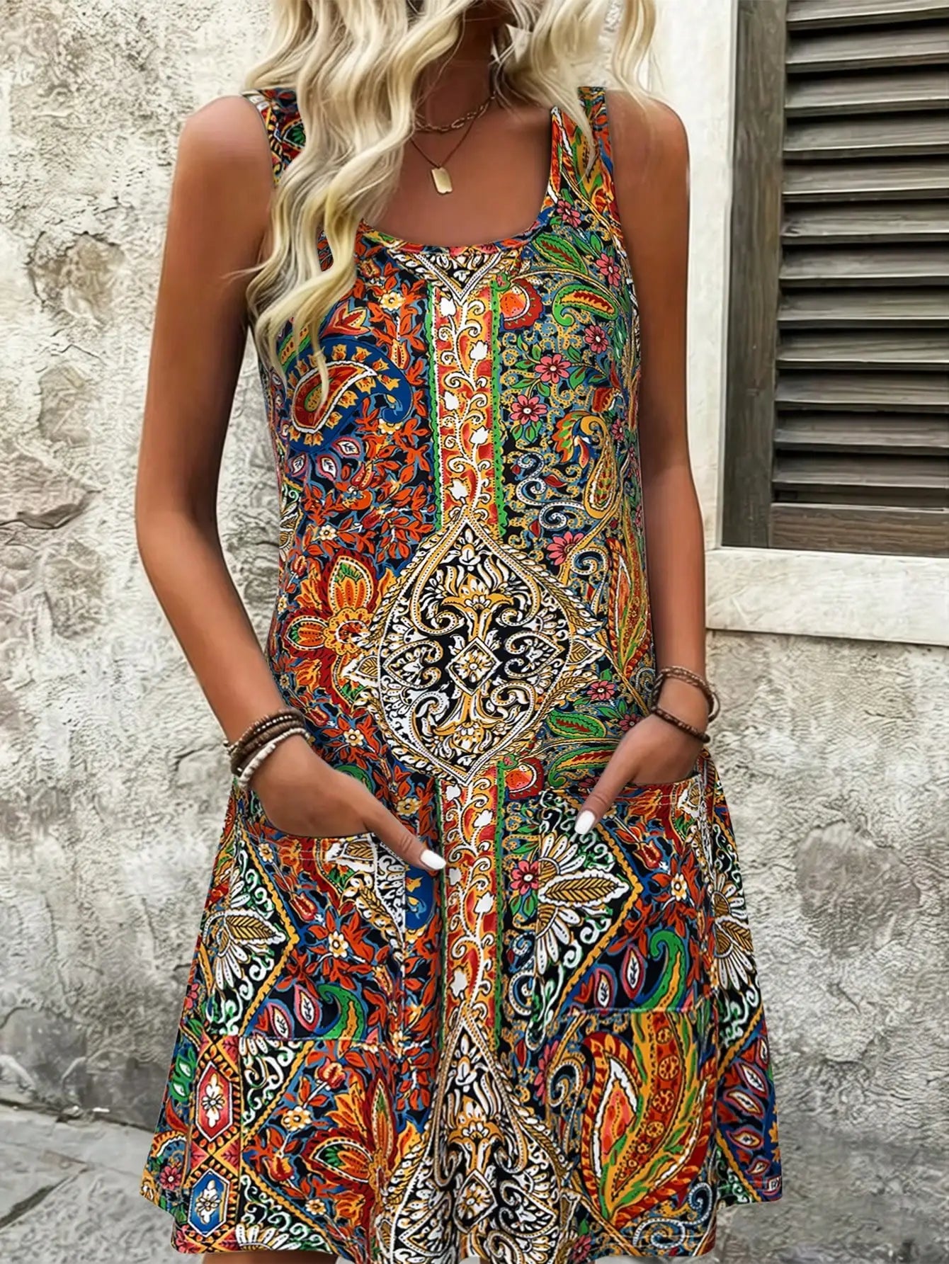 Mini abito da donna senza maniche con stampa etnica Paisley, stile boho, casual, con scollo rotondo, linea ad A, fluido, con tasche