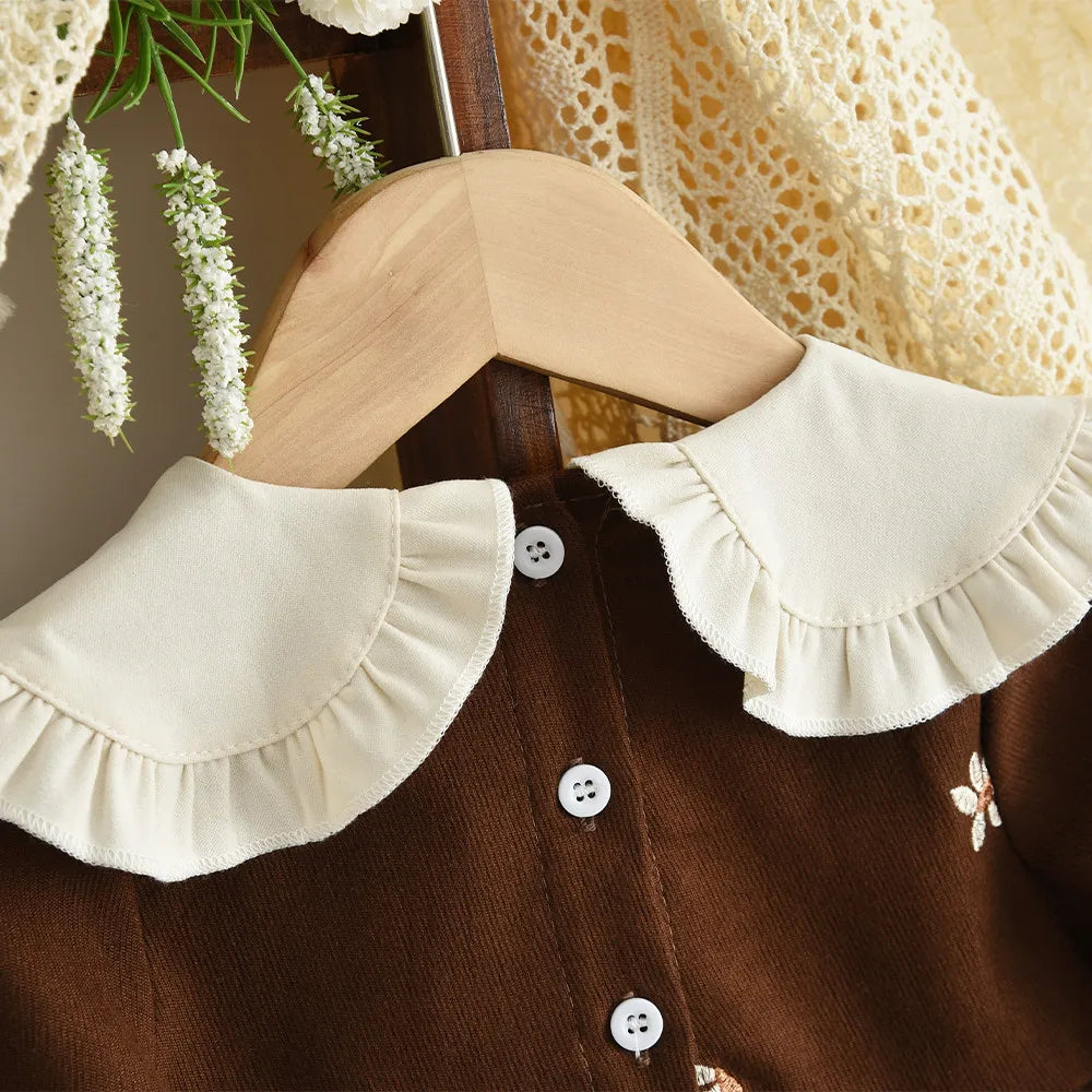 Bear Leader 2025 Nuovo simpatico abbigliamento per bambini 0-3 anni Abito per bambini Autunno Colletto a maniche lunghe Abiti per ragazze di fiori ricamati