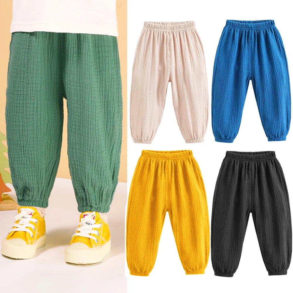 Pantaloni estivi per bambini coreani Pantaloni casual per ragazze Ragazzi in cotone e lino Tinta unita Pantaloni larghi a pieghe Pantaloni Harem a vita alta per ragazze