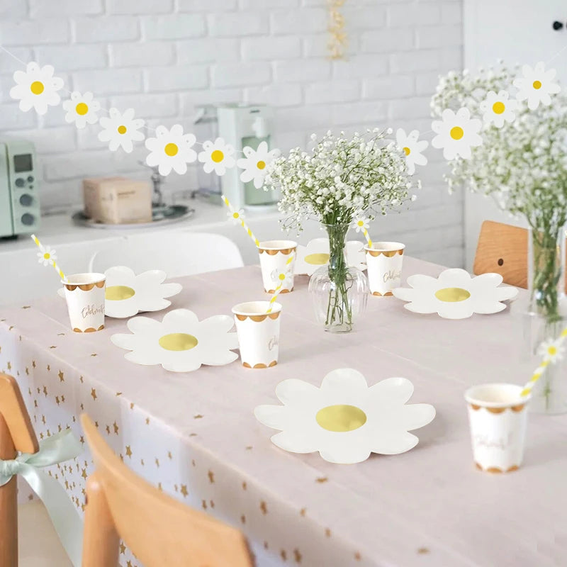 Daisy Flower Piatti da tavola usa e getta Cannucce Tovaglioli Banner Matrimonio Baby Shower Decorazione Forniture per feste di compleanno