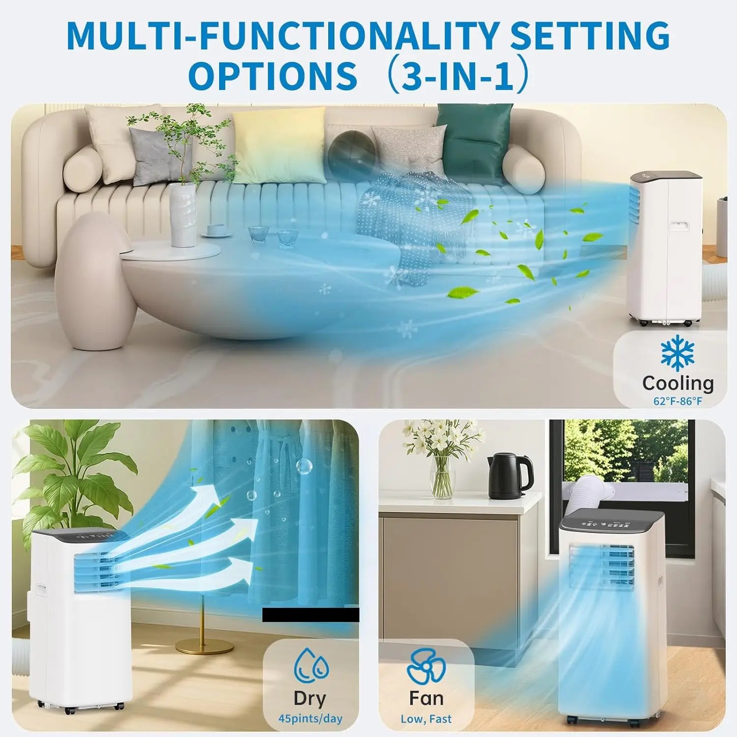 Condizionatore d'aria portatile da 8.000 BTU, raffredda fino a 350 piedi quadrati, unità AC portatile 3-IN-1 a risparmio energetico con modalità ventilatore e deumidificatore