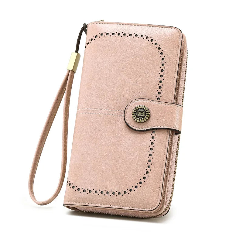 Borsa a mano in pelle cerata con blocco RFID, porta carte di credito multifunzionale a doppia piega, portafoglio da donna lungo retrò di grande capacità