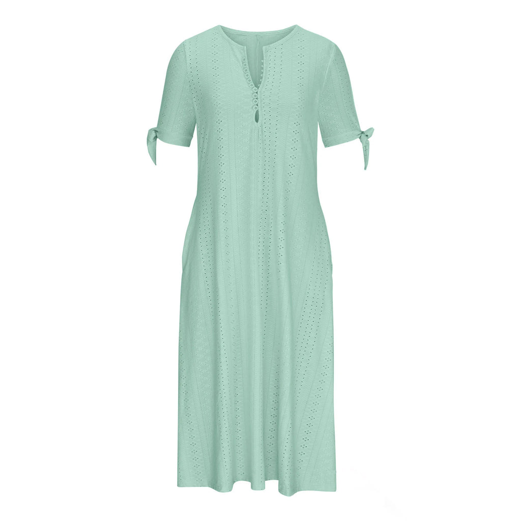 Abito Midi Estivo da Donna Boho con Occhielli e Spalle Scoperte, Maniche Corte, Scollo a V, Bottoni, Vestibilità Ampia, Stile Casual a Trapezio con Tasche
