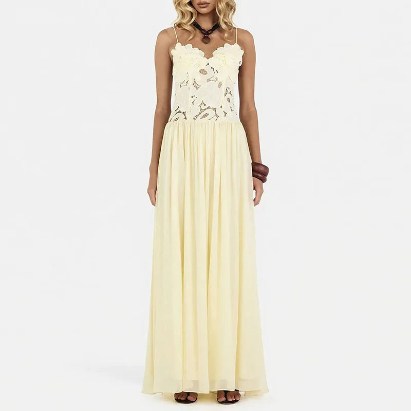 Abito Lungo Estivo Casual in Chiffon con Bretelle, Scollo a V Profondo, Senza Maniche, con Inserti in Pizzo, per Spiaggia e Feste, Primavera Estate